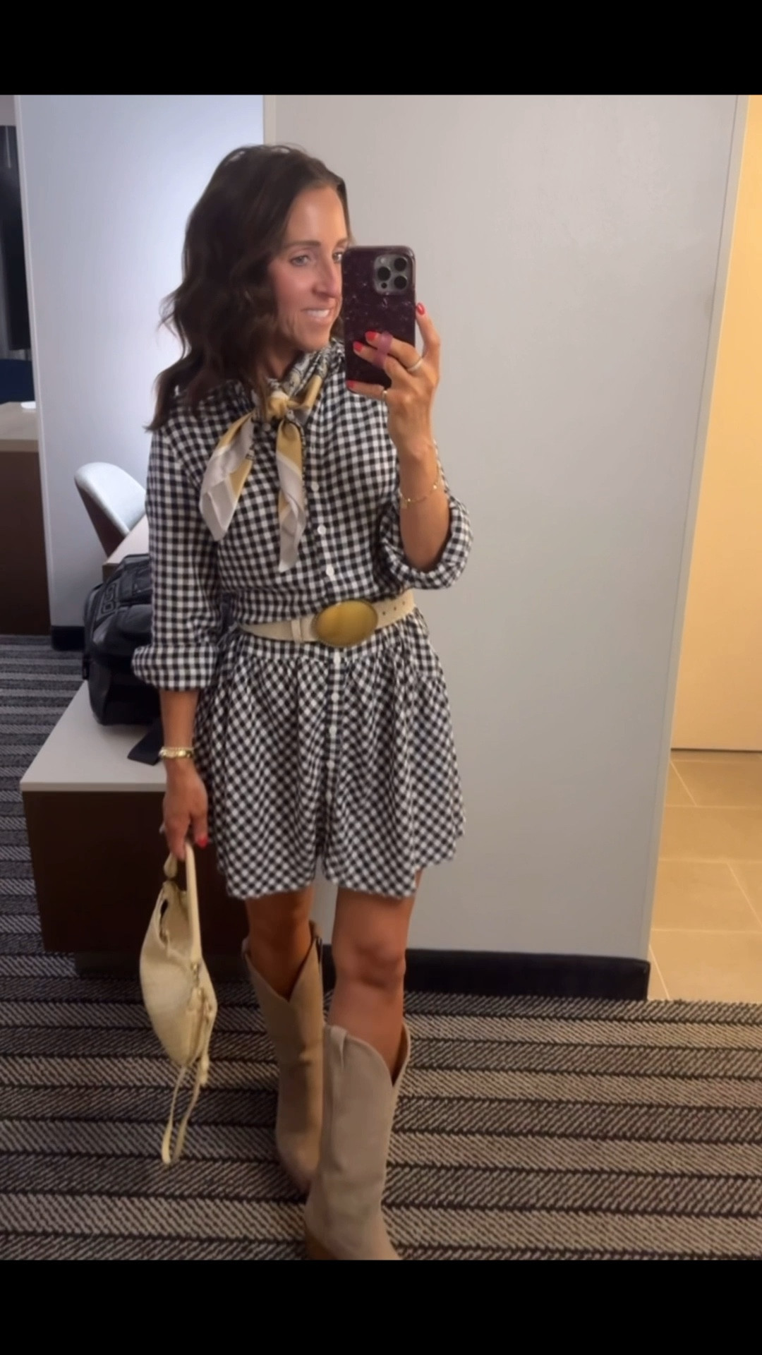 Nashville style. Western touches. Tecovas boots. Gingham dress. 
Dress XS. Boots TTS. 

#LTKTravel #LTKOver40 #LTKootd