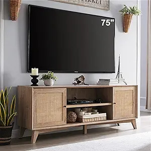 OKD TV Stand for 75+ Inch TV, Mid Century Modern Entertainment Center with Natural Rattan Door, S... | Amazon (US)