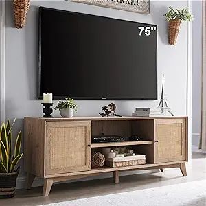 OKD TV Stand for 75+ Inch TV, Mid Century Modern Entertainment Center with Natural Rattan Door, S... | Amazon (US)