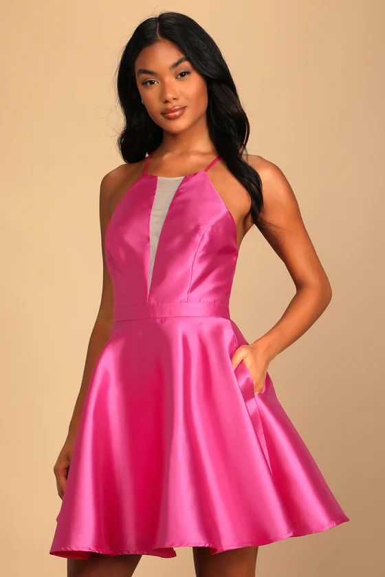 Take a Picture Hot Pink Satin Plunge Skater Dress With Pockets | Lulus (US)