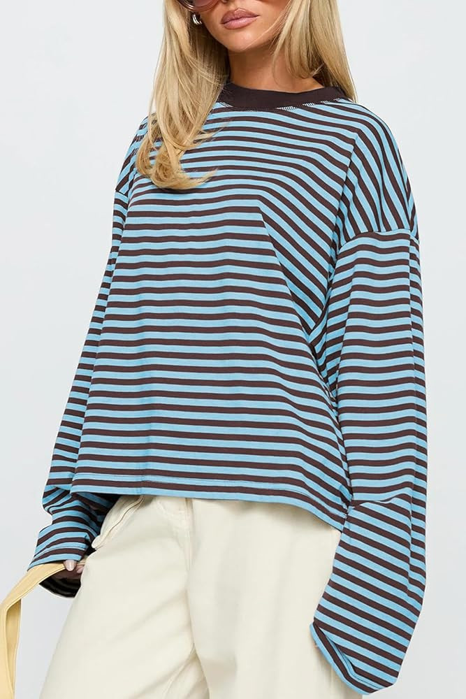 CHYRII Women Oversized Striped Long Sleeve T Shirt Fashion 2026 Crewneck Casual Fall Spring Tops ... | Amazon (US)