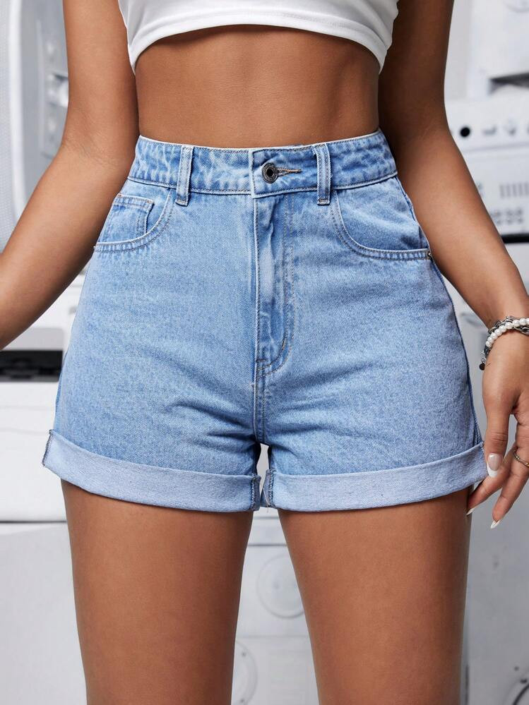 Roll Up Hem Denim Shorts | SHEIN