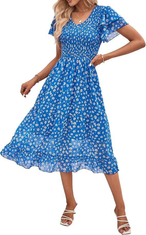 BTFBM Women Casual Summer Short Ruffles Tiered Sleeve Smocked Midi Dresses Bohemian Floral V Neck... | Amazon (US)