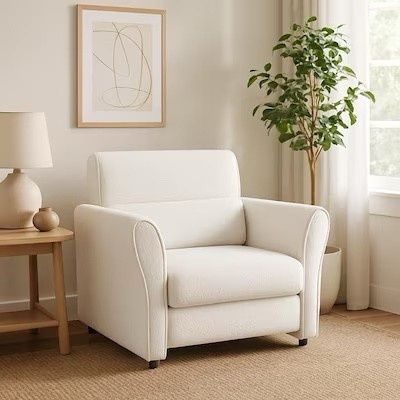 Cozy up in this modern white armchair that blends comfort with minimalist design. Perfect for living rooms, bedrooms, or reading nooks, its clean lines and plush seat add a timeless touch to any space.