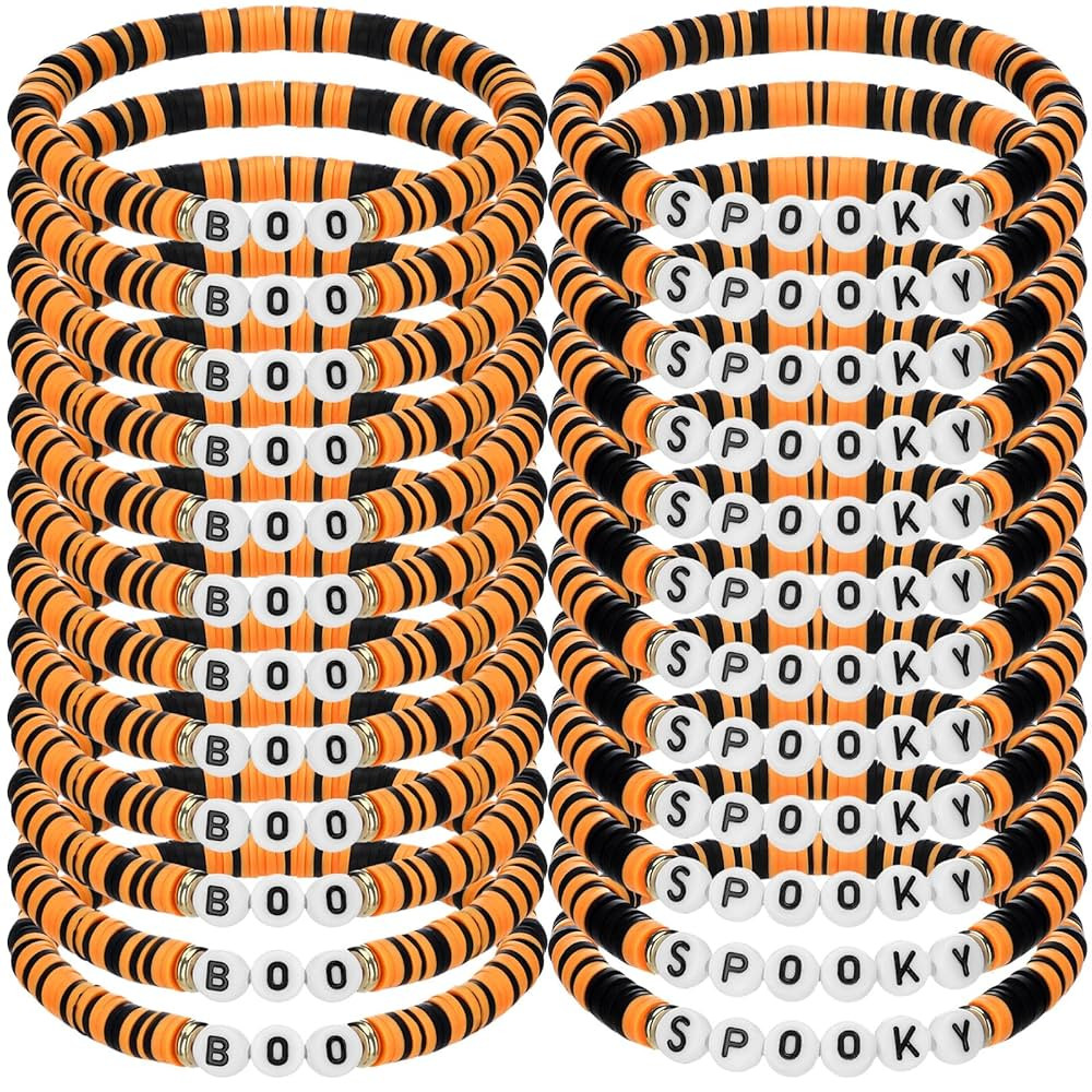 Yinkin 24 Pcs Spooky Boo Halloween Bracelets Polymer Clay Beaded Stretch Bracelets Letter Boho Je... | Amazon (US)