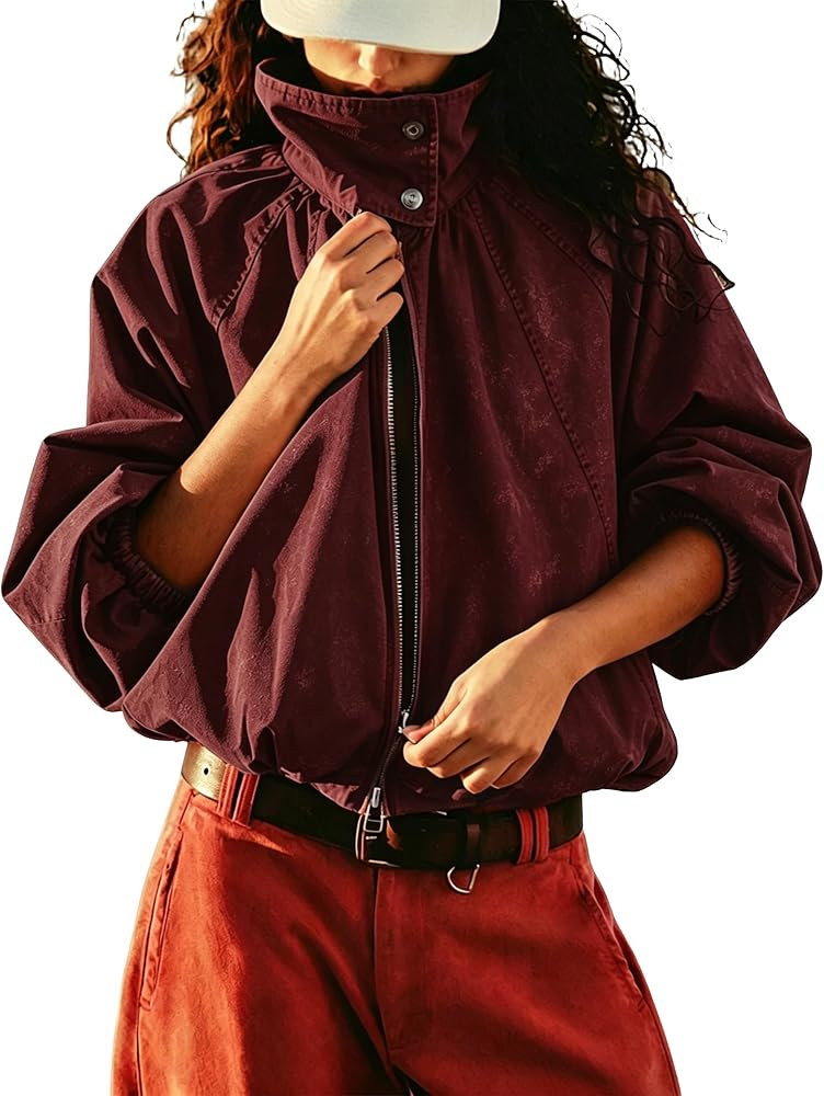 Megfie Women Funnel Neck Bomber Jacket Washed Distressed Fall Jackets | Amazon (US)