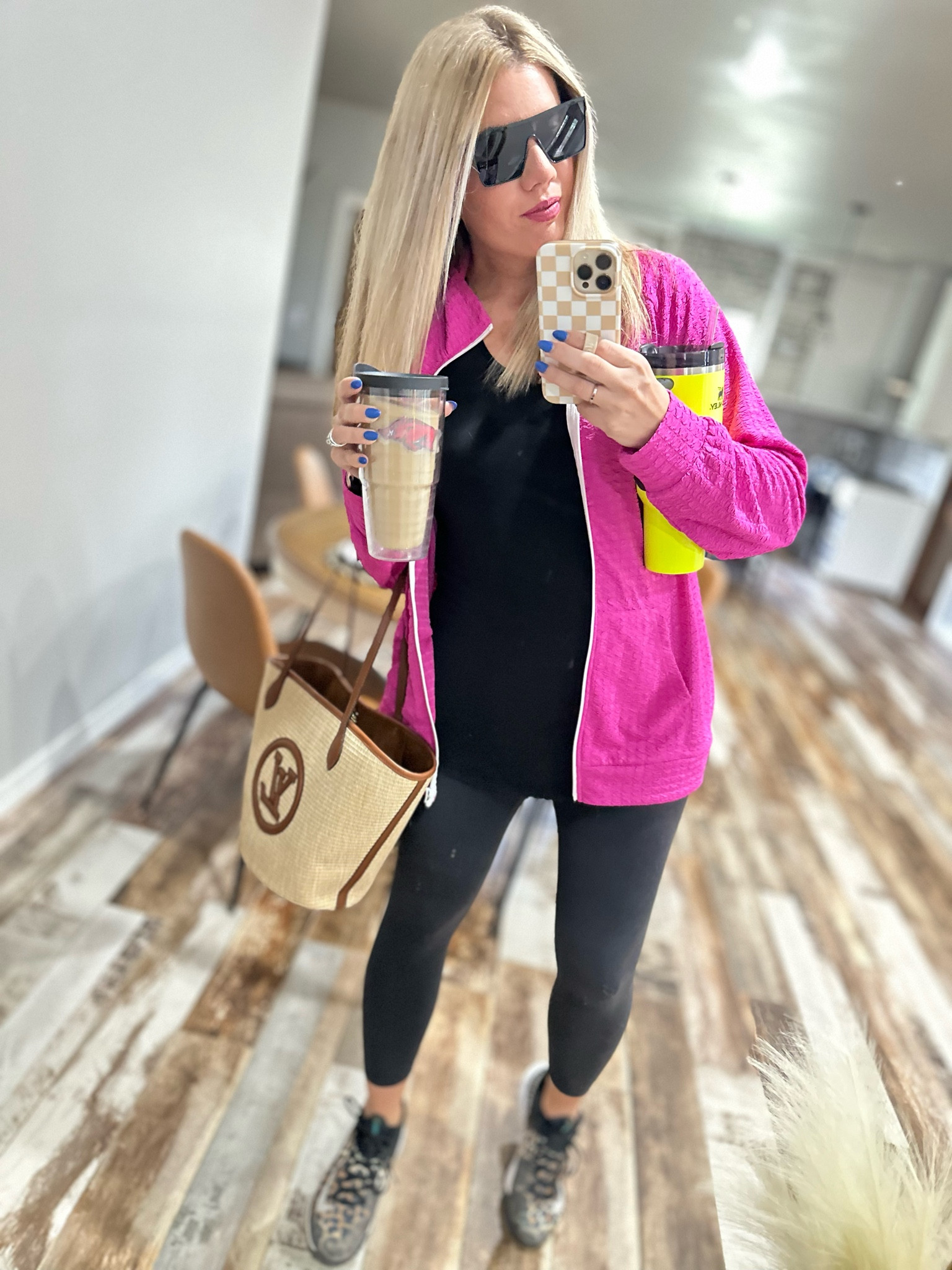 Mom style, pink jacket, Lululemon leggings, Stanley tumbler, Tervis, black tank top, summer tote, sports mom, athletic outfit

#LTKstyletip #LTKfitness #LTKActive