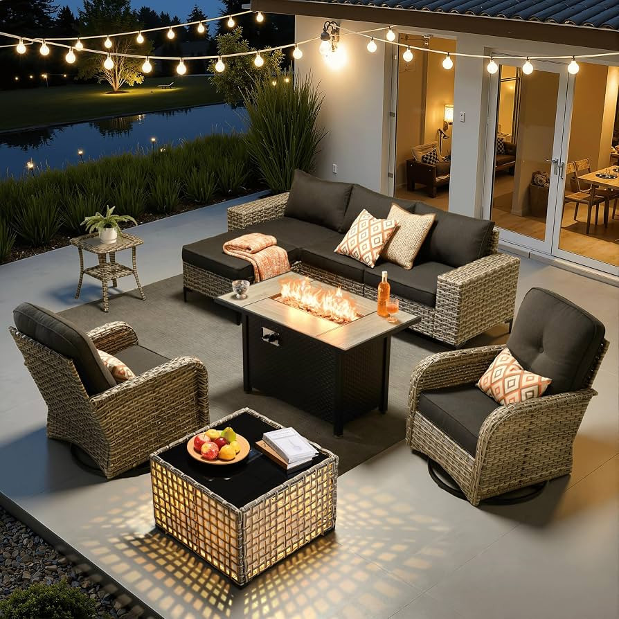 ovios 9-Piece Patio Furniture Set with L-Shape Sofa Chaise, Outdoor Sectional Couch Swivel Glider... | Amazon (US)