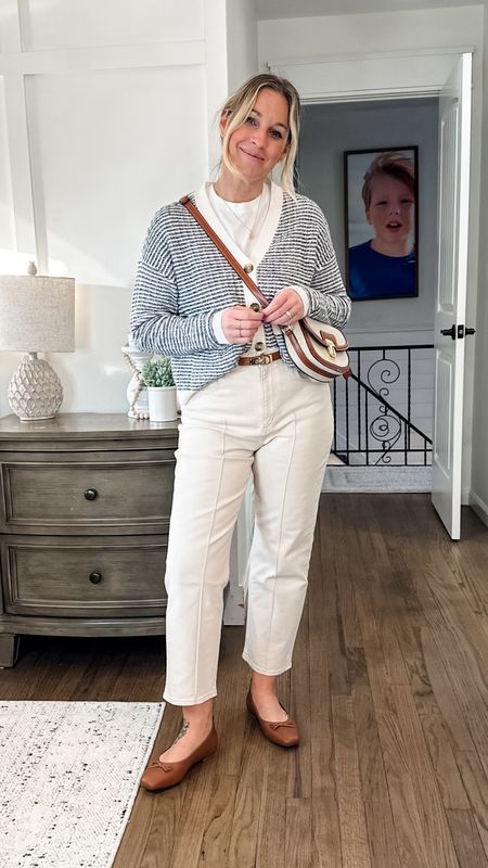 Love this spring outfit or neutral perfection! It’s classic and tailored and each piece will go with almost anything. Add these to your capsule closet and the ecru jeans are VERY in this year (but will always be timeless) small tops and I sized down 1 to a 28 in the pants, petite! 

#LTKsalealert #LTKfindsunder50 #LTKworkwear