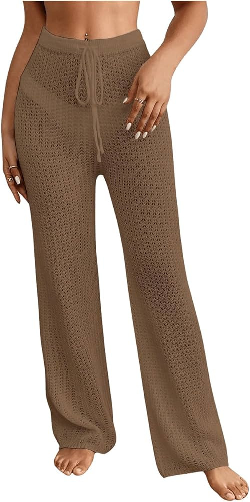 MakeMeChic Women's Crochet Beach Pants Drawstring Waist Bikini Swimsuit Sheer Cover Up Pants | Amazon (CA)