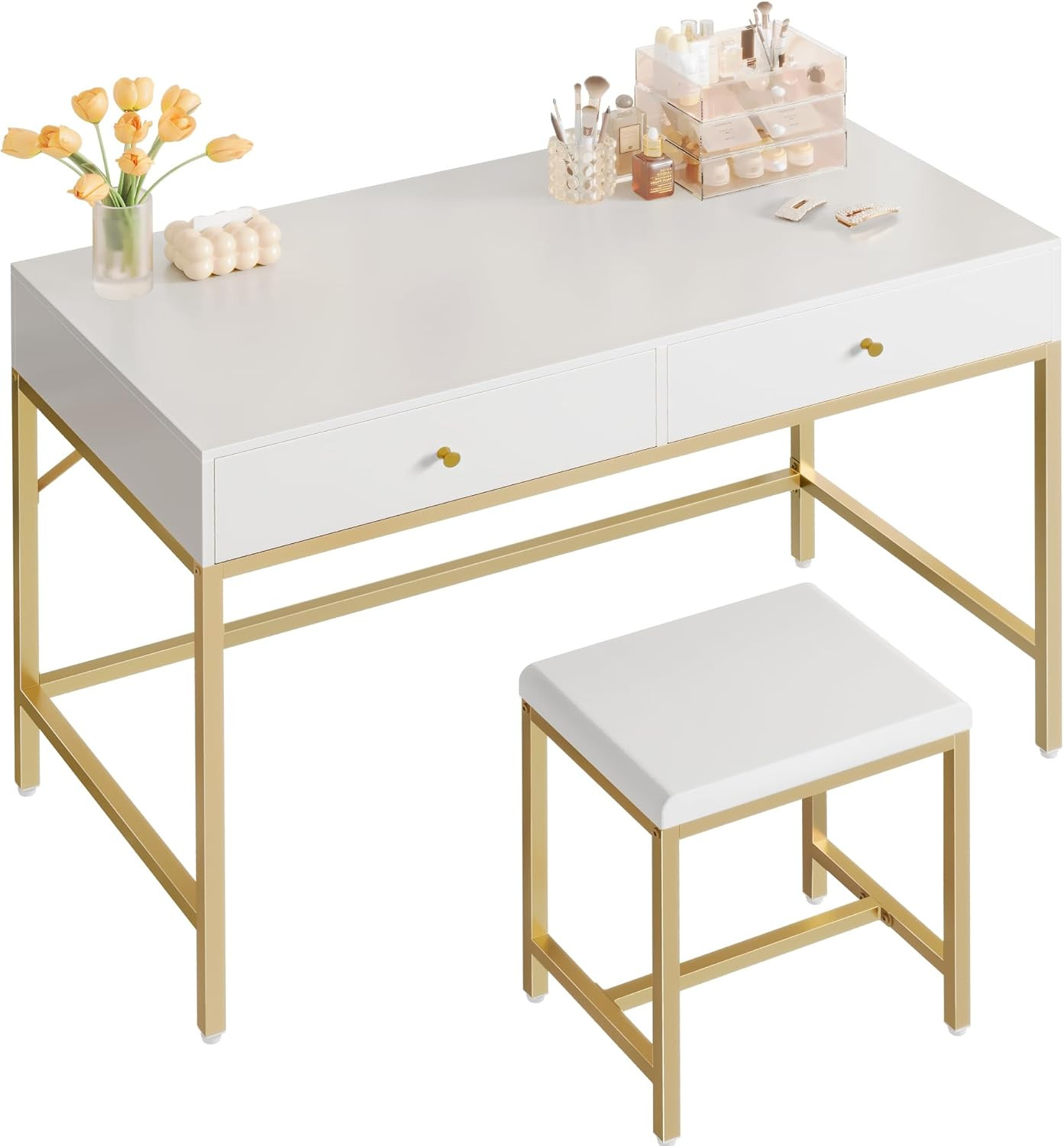 SUPERJARE 43-inch White and Gold Desk with 2 Drawers and Padded Stool, Modern Makeup Vanity Desk,... | Amazon (US)