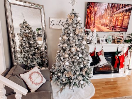 Living room, Christmas tree, decor, decorations, stockings, mantel, cozy, fireplace, flocked tree, neutral, white, farmhouse 

#LTKHoliday #LTKhome #LTKSeasonal