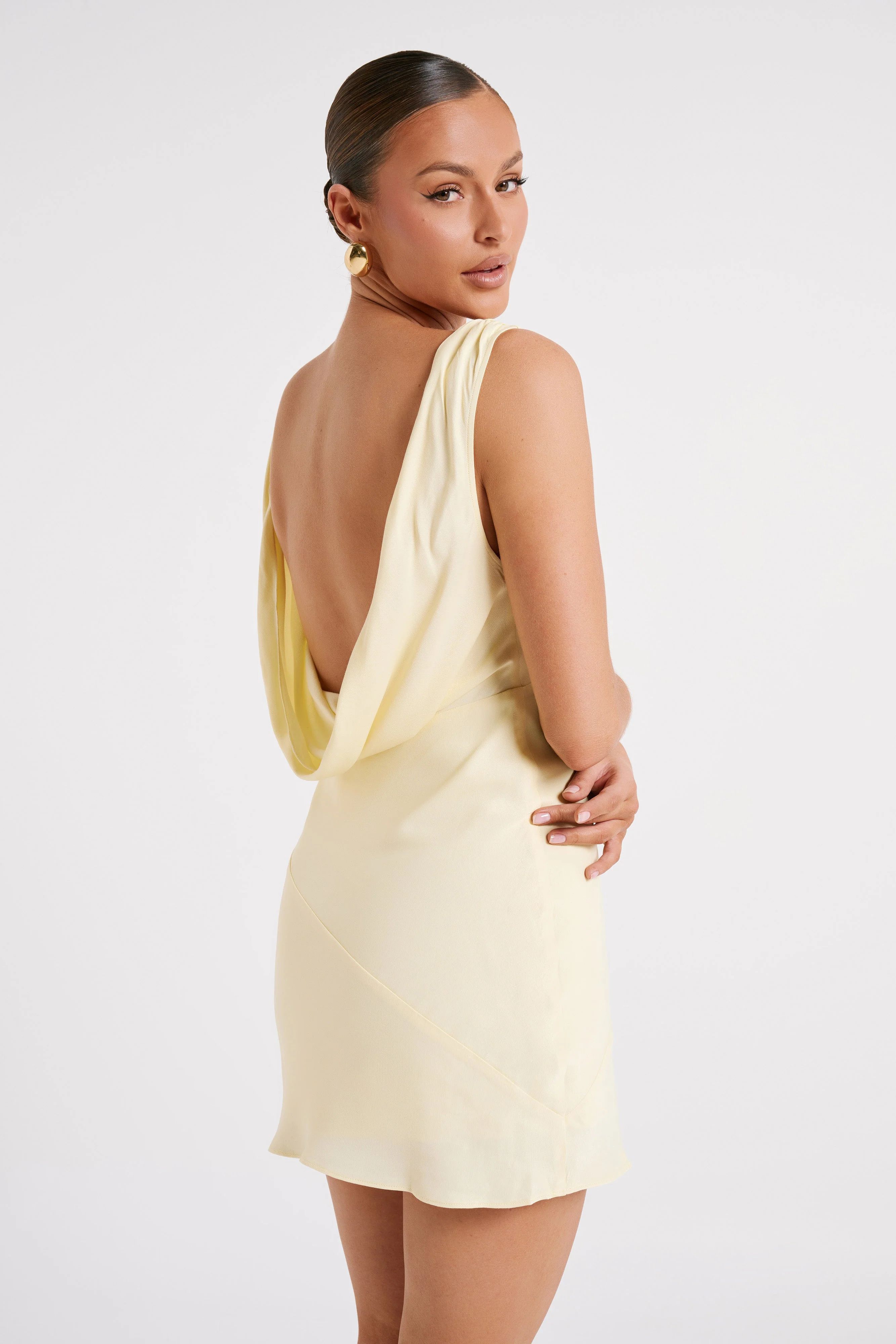 Nadia Satin Mini Dress With Cowl Back - Light Yellow | MESHKI US