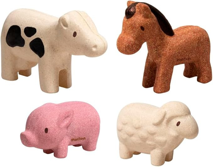 PlanToys Farm Animal Figurines Set - Four Cute Sustainably-Made Wood Pig, Sheep, Cow, and Horse F... | Amazon (US)