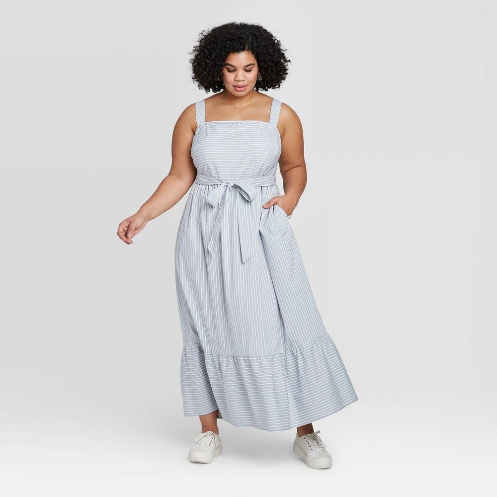 Women's Plus Size Striped Sleeveless Square Neck Ruffle Hem Dress - A New Day Blue 4X | Target