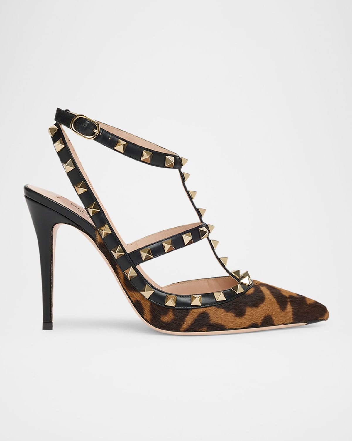 100mm Rockstud Leopard Calf Hair Ankle-Strap Pumps | Neiman Marcus