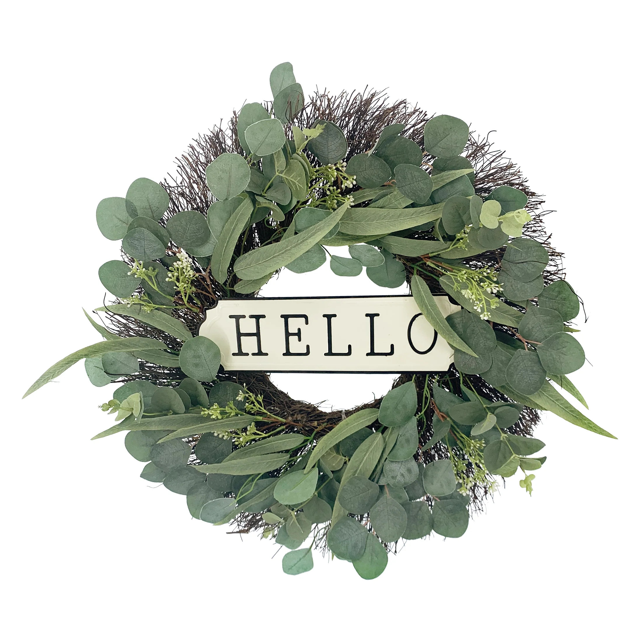 Way to Celebrate Spring 20" Mixed Eucalyptus Wreath with Hello Sign - Walmart.com | Walmart (US)