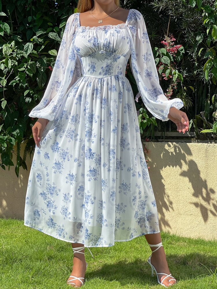 Allover Floral Print Lantern Sleeve Ruched Bust Chiffon Dress | SHEIN