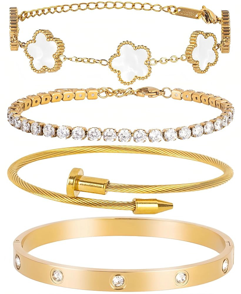 18K Gold Plated Nail love Bangle Bracelet Set for Women Stackable Gold Clover Adjustable tennis b... | Amazon (US)