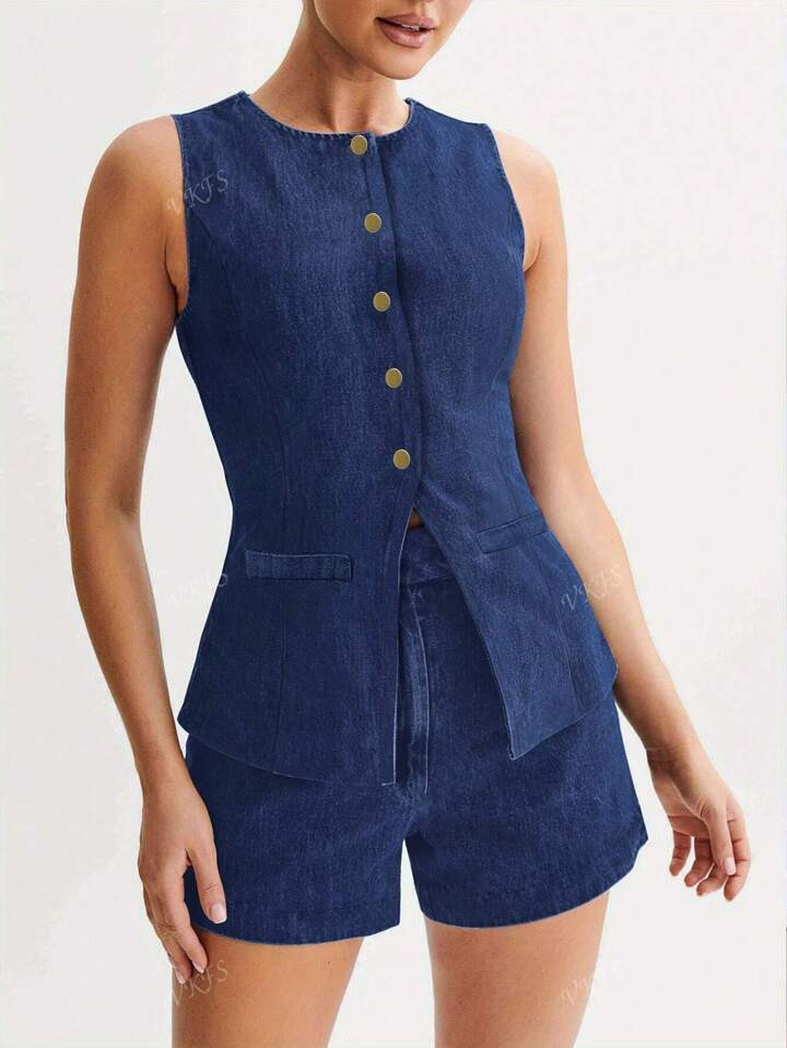 2pcs Women's Casual Elegant Faux Denim Open Cardigan Vest & Shorts Set | SHEIN