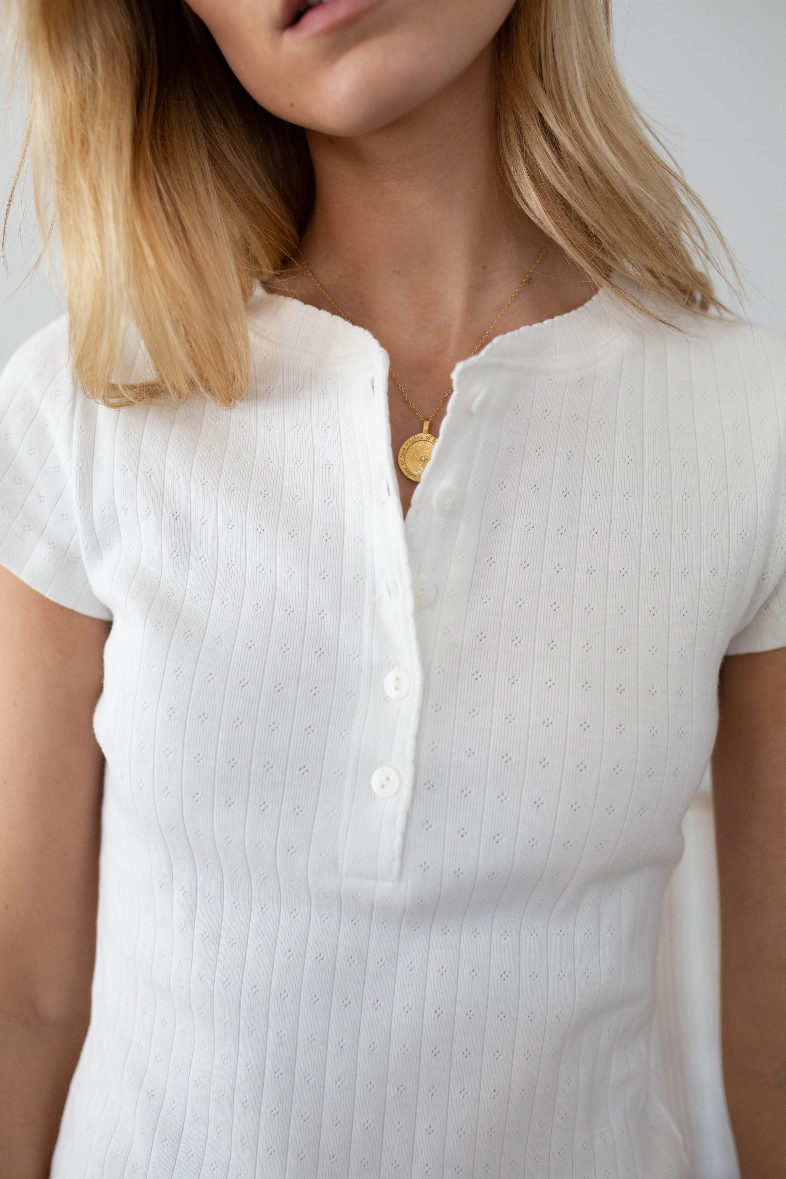 Pointelle Short Sleeve Henley - White | Marea