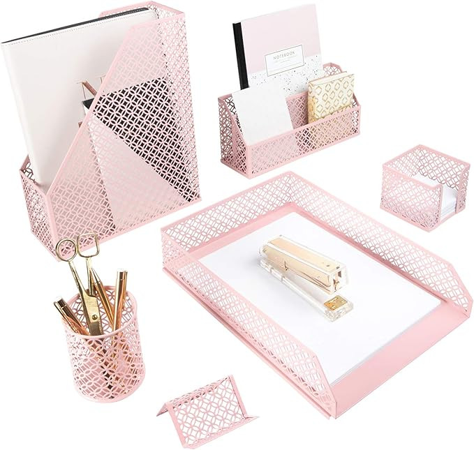 Blu Monaco Office Supplies Pink Desk Accessories for Women-6 Piece Desk Organizer Set-Mail Sorter... | Amazon (US)