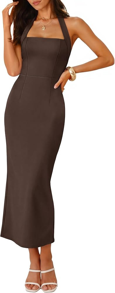ZESICA Women's 2026 Summer Sleeveless Midi Dress Halter Neck Backless Wedding Guest Cocktail Part... | Amazon (US)