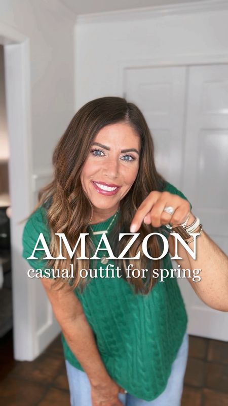 Amazon casual outfit for spring
This cable knit cap sleeve sweater is so nice. The quality is really good and it’s very soft and stretchy. It comes in several colors and it’s only $20 with 20% off coupon. I sized up to a large for an oversized fit.

These wide leg jeans are so good! If you are looking to try the trend out or just want an affordable pair of wide leg jeans, these are it! They are $38.99 with a 5% off coupon. They are very flattering on the 🍑. They range in size from small to XXL. I am wearing a size small.

These studded sandals are so comfy and have been a best seller. They come in several colors and are true two size.
They are on sale 30% off for only $27.93 

This vegan leather woven bag is great for spring & summer. It comes in several colors. And it’s on sale for $55.99. It’s hardly ever on sale! The quality is so nice and it also has an interior vegan leather zip pouch.

#LTKsalealert #LTKover40 #LTKstyletip
