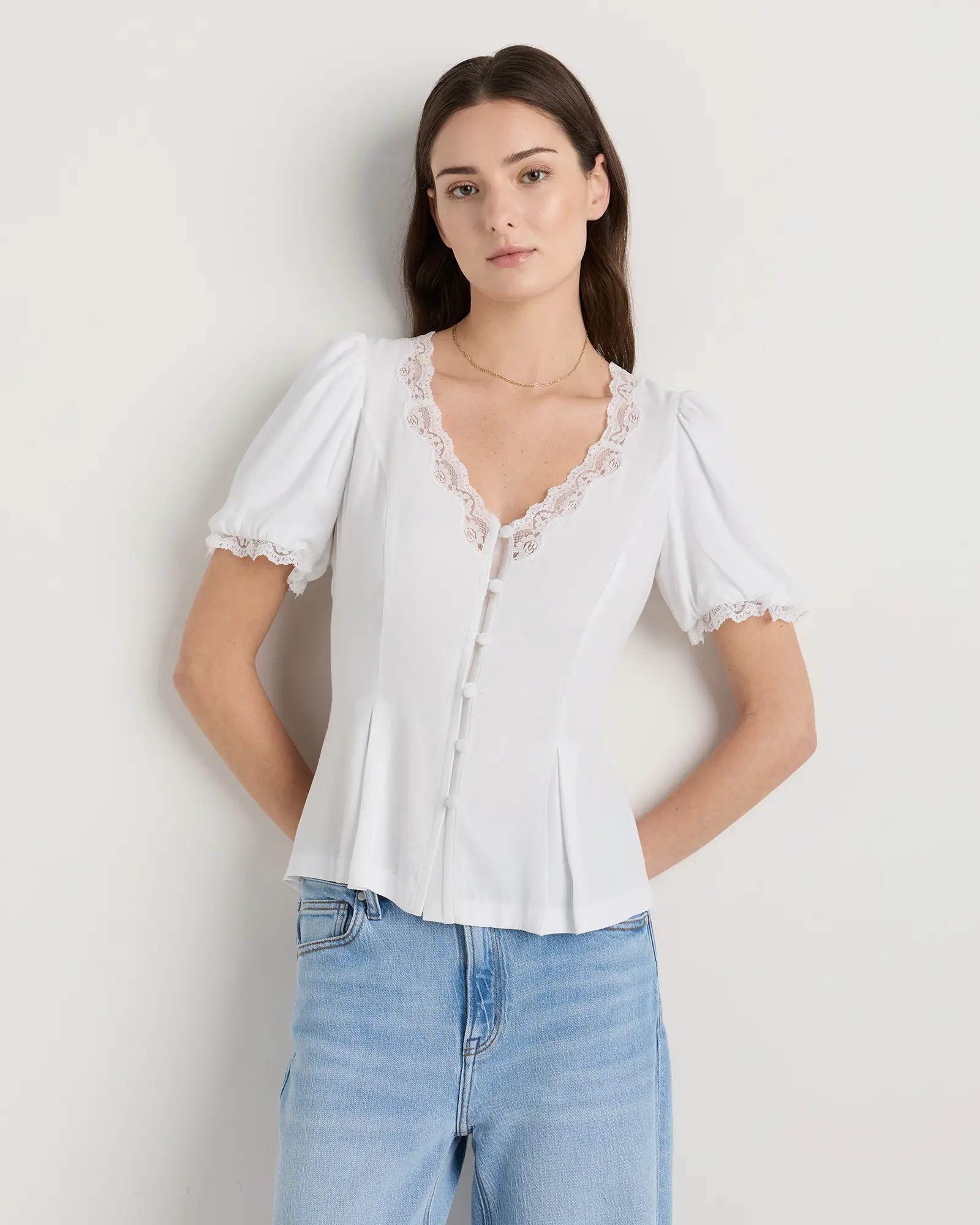 Lightweight Crepe Lace Puff Sleeve Blouse | Quince