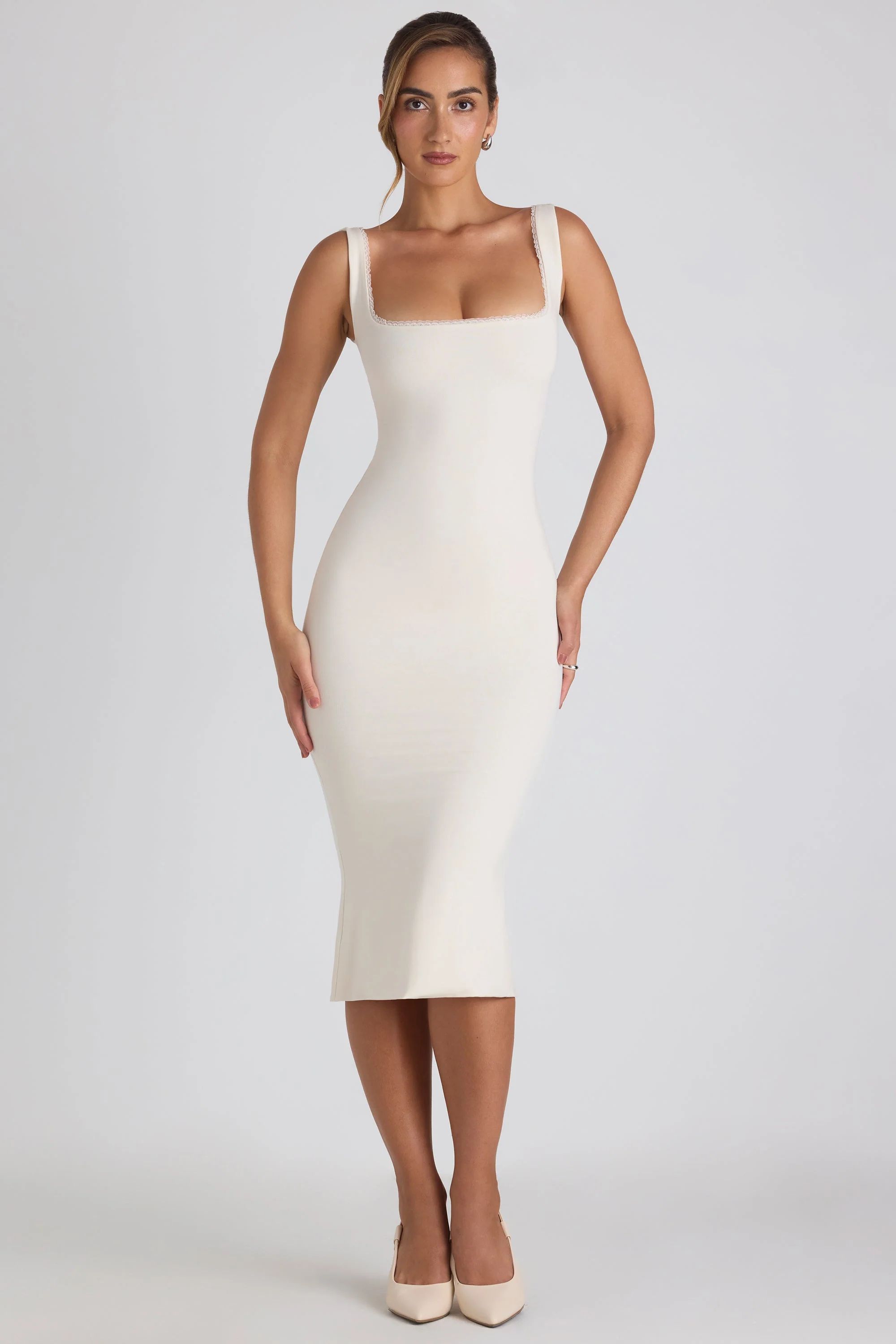 Modal Lace-Trim Midaxi Dress in Ivory | Oh Polly