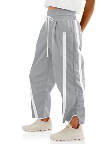 Fisoew Women's Baggy Wide Leg Pants Casual Drawstring Elastic Waisted Contrast Color Workout Y2K Track Pants Light Grey | Amazon (US)