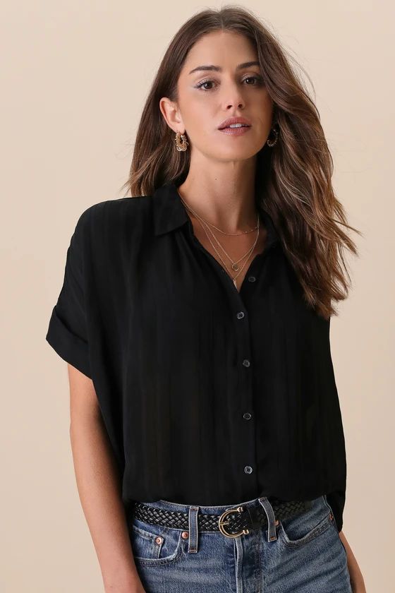 Everlee Black Striped Button-Up Short Sleeve Top | Lulus