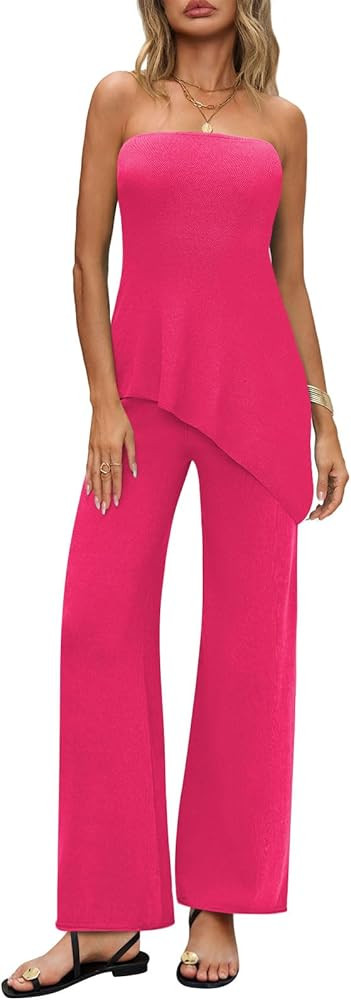 Womens 2 Piece Sets Summer Travel Vacation Outfits 2025 Lounge Matching Sweater Set Knit Tube Top... | Amazon (US)