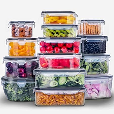 Food Storage Containers Set - Airtight Plastic Containers with Easy Snap Lids (16 Pack) - Leak Proof | Amazon (US)
