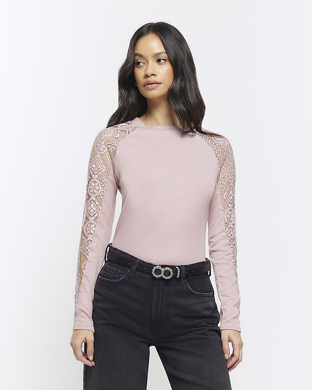 Pink rib lace long sleeve top | River Island (UK & IE)
