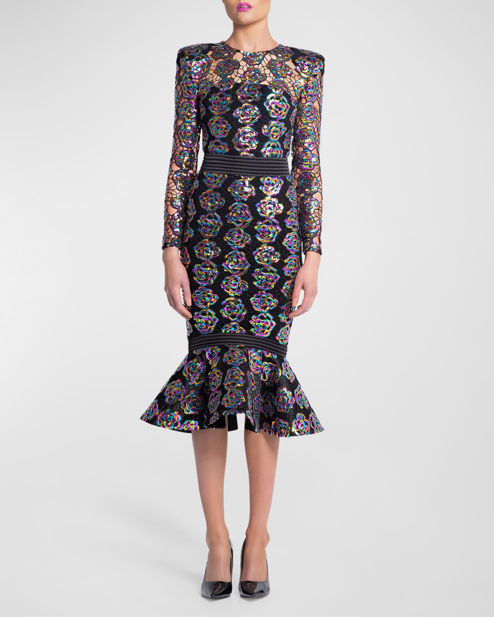 Mokai Nights Sequined Lace Midi Dress | Neiman Marcus