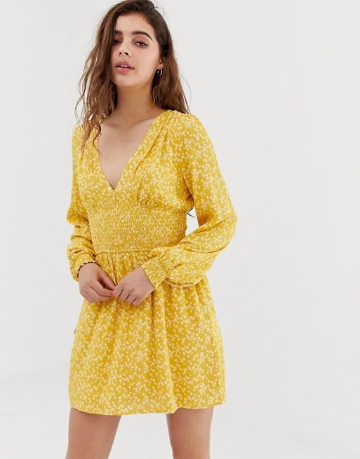 Wild Honey long sleeve tea dress with shirring in floral | ASOS US