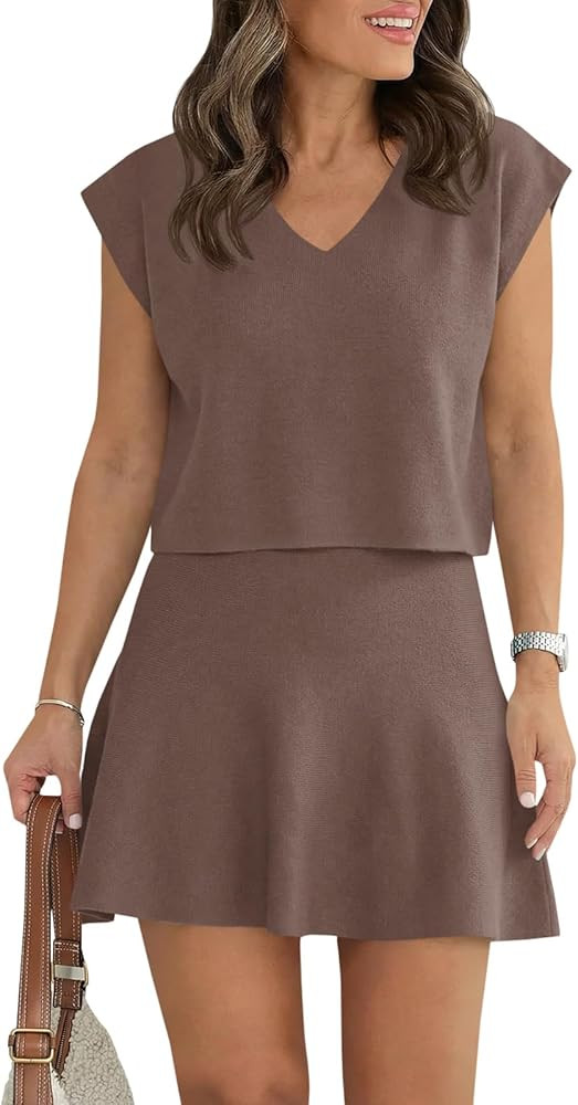 Wenrine Womens Summer 2 Piece Skirt Sets Casual V Neck Crop Tops A Line Mini Skirts Sleeveless Kn... | Amazon (US)