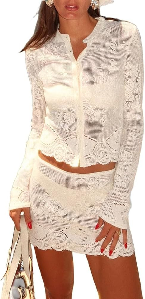 THLAI Women Crochet 2 Piece Skirt Sets See Through Long Sleeve Button Down Cardigan Top and Mini ... | Amazon (US)