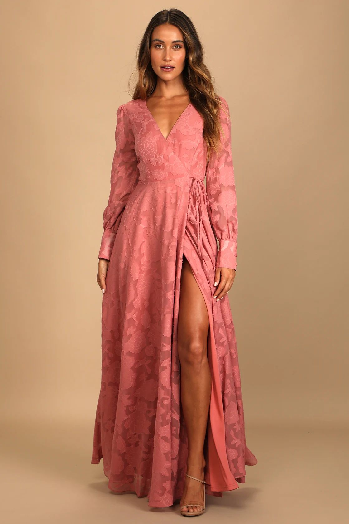 Kept Your Love Rose Pink Floral Jacquard Long Sleeve Maxi Dress | Lulus (US)