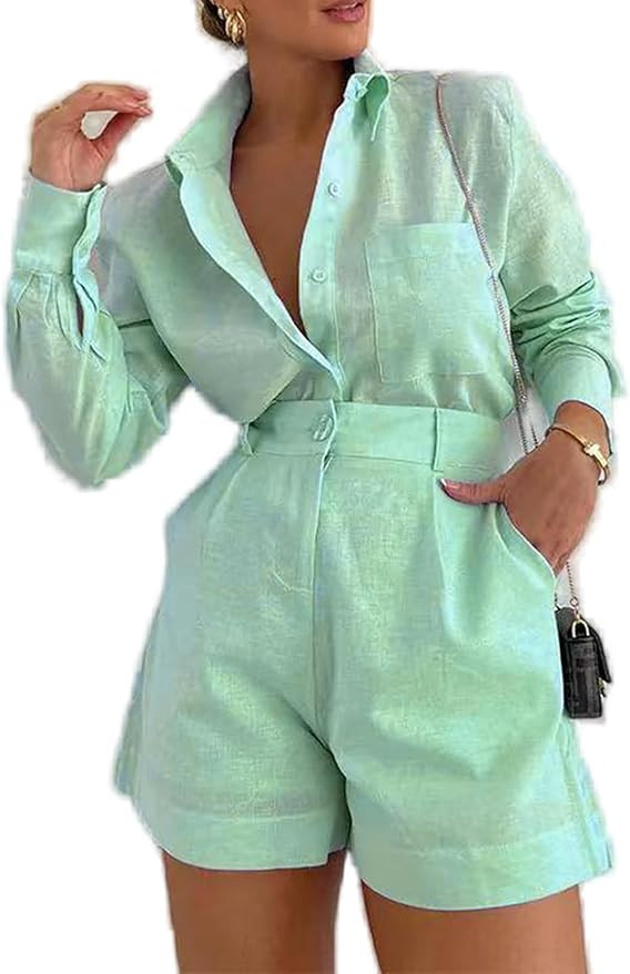 Geulis Women's 2 Piece Shirts Outfits Casual Button down Long Sleeve Blouses Tops High Waisted Sh... | Amazon (US)