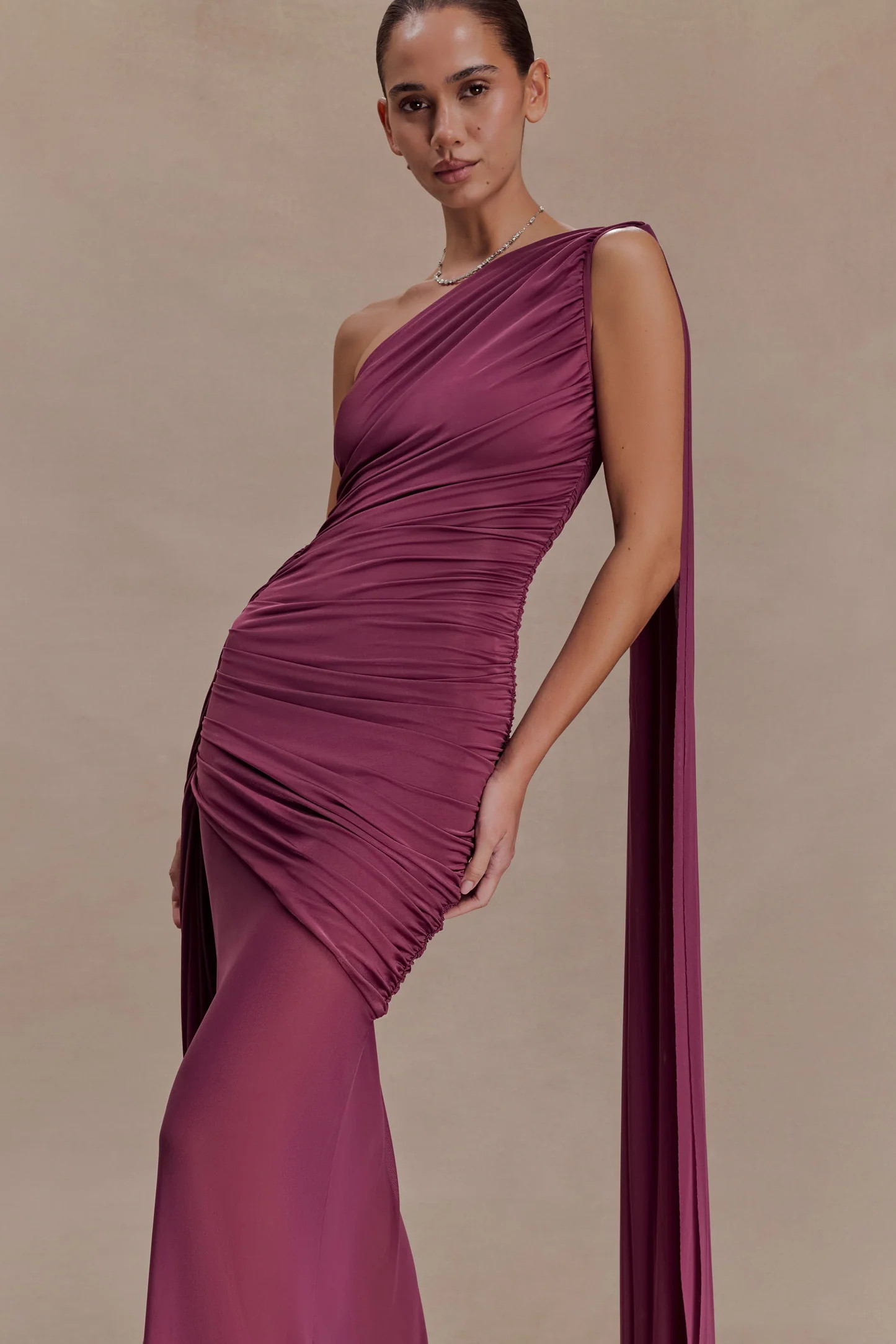 Asher Slinky One Shoulder Maxi Dress - Neutral Plum | Meshki UK