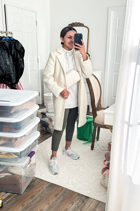 White ivory coat size xs petite TTS - sized up a size so i can button the coat over sweaters
Top xs TTS - 10% off and free shipping with code HONEYSWEETXSPANX 
Leggings size 6 - I size up two sizes in this brand, color dark forest 
Sneakers size 6.5 - TTS

#LTKtravel #LTKGiftGuide #LTKstyletip