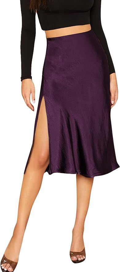 SheIn Women's Party Sexy Satin Split Side Basic Zipper Mid Waist Midi Skirt | Amazon (US)