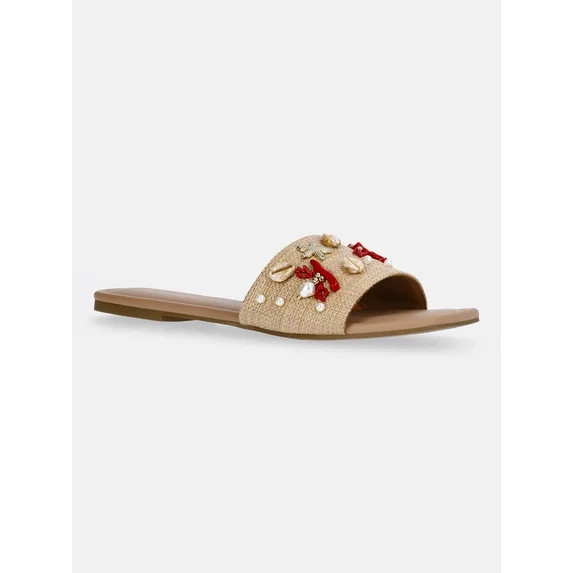 Time and Tru Women's Raffia Shell Slide Sandals - Walmart.com | Walmart (US)