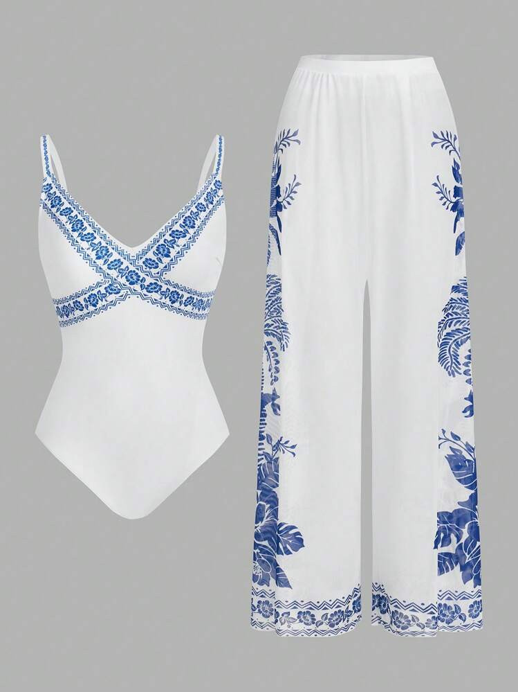 SHEIN Swim Oasis 2pcs/Set Floral Print V-Neck One-Piece Swimsuit And Wide Leg Pants Cover Up Beac... | SHEIN