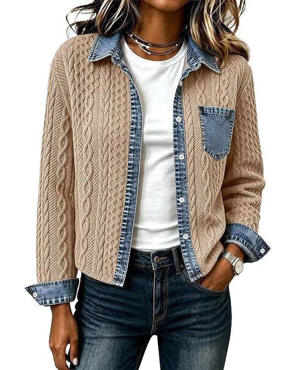 Cropped Jean Denim Collared Bomber Jacket Sweatshirt Cable Knit Shacket | Amazon (US)