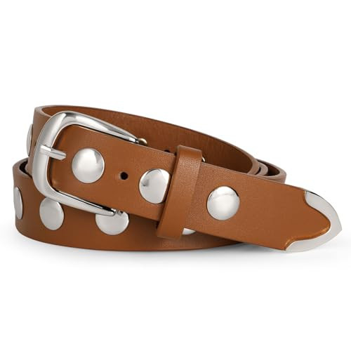 WERFORU Women Fashion Leather Belt Studded Leather Belt Ladies Belts for Jeans Dress Punk Belt,(D-Brown-Silver,37"-41" Waist Adjustable) | Amazon (US)