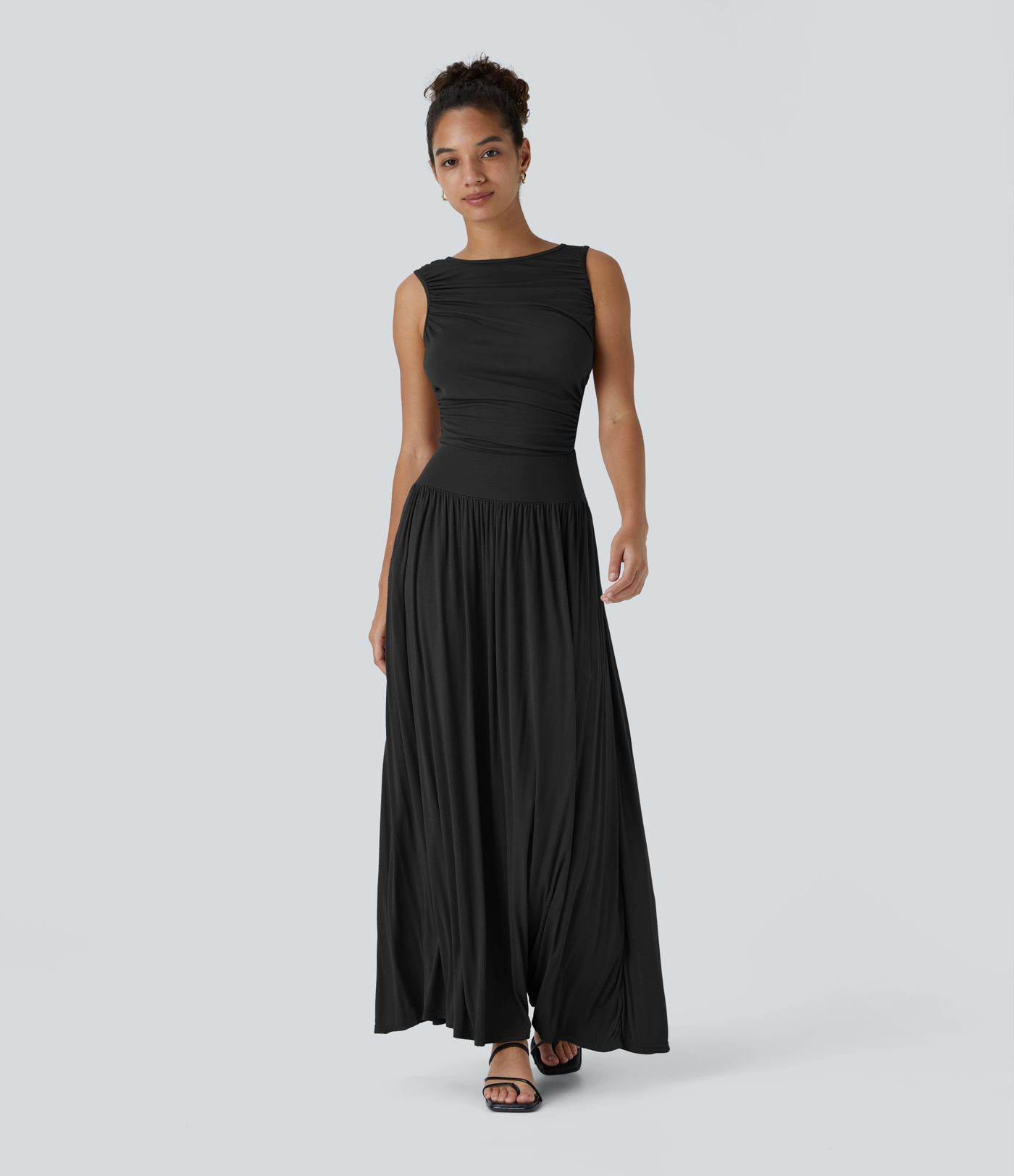 Women\u2019s Ribbed Boat Neck Asymmetric Strap Ruched Side Pocket Flowy Maxi Casual Dress - Halar... | Halara UK