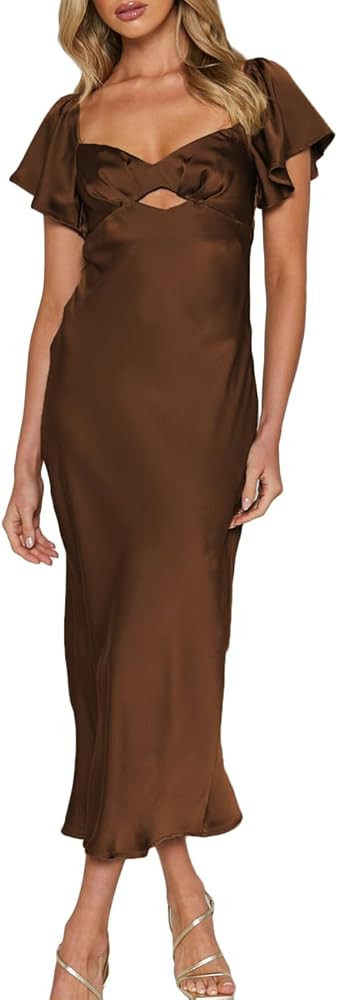 Summer Satin Flutter Sleeve Wedding Guest Dresses for Women Sweetheart Neckline Cutout Tie Back M... | Amazon (US)